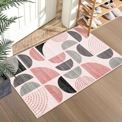 MUJOO Small Rug Washable,Boho 2x3 Area Rugs for Entryway Bathroom Entry Entrance Bedroom Kitchen,Front Door Mat Throw Carpet Non Slip Indoor Soft Modern Abstract Pink and Grey - color: Pink and Grey, size: 2' x 3' (Rectangular)