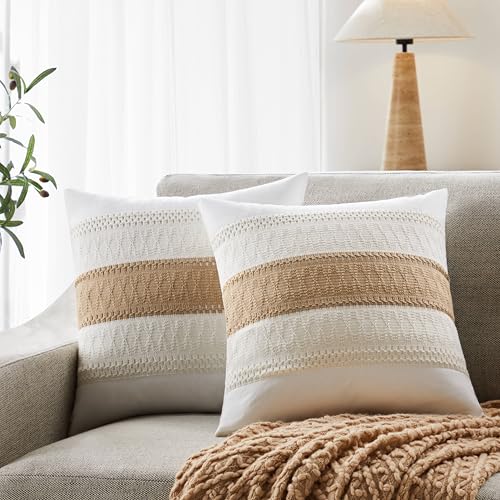 Soft Cotton Boho Throw Pillow Covers Set of 2, Natural White/Contrast Brown 20x20 Inch, Tan Farmhouse Decorative Cushion Covers for Sofa Bed Living Room Home Decor - color: Natural White/Contrast/Brown, size: 20" x 20" (Pack of 2)