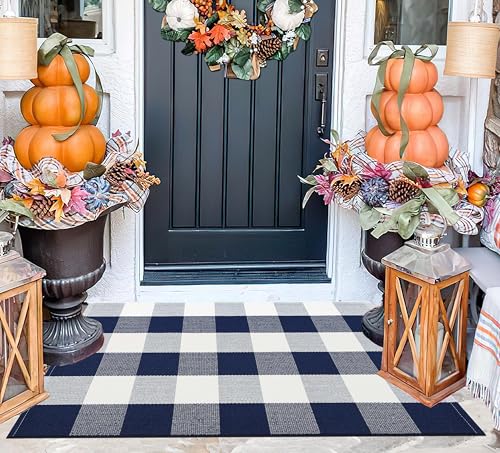 Front Door Mat Outdoor 24''x35''Blue and White 4th of July Door Mat Rug Washable Cotton Woven Layering Doomat for Hello/Welcome Mat Porch，Kitchen,Farmhouse,Entryway,Bedroom - color: Blue Buffalo, size: 24''x 35''
