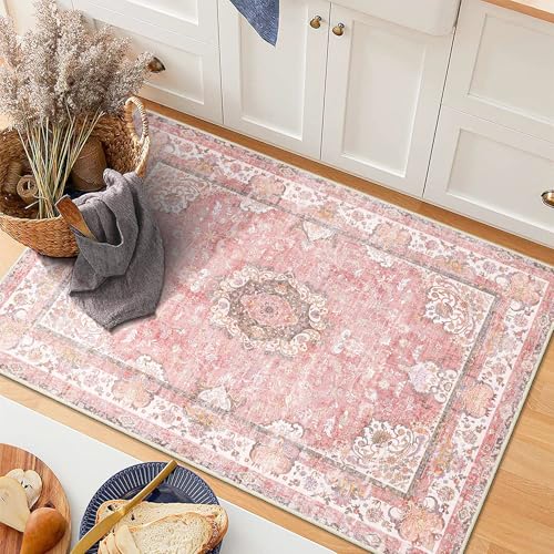 Small Rugs 2'x3',Pink Rug for Entryway Bathroom Kitchen Entrance Doormat,Boho Vintage Bohemian Distressed Washable Accent Indoor Mat Floor Throw Carpet Non Slip,Blush Floral Flowers - color: Pink, size: 2'x3'