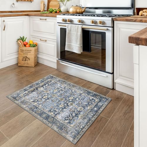 KUTA Vintage 2x3 Rugs for Entryway, Non-Slip Washable Area Rug & Indoor Door Mat with Floral Print, Blue Grey Beige Ultra Thin Soft Low-Pile Throw Rug for Kitchen Front Door, Bedside, Small Spaces - color: Blue Grey Beige, size: 2' x 3' (Rectangular)
