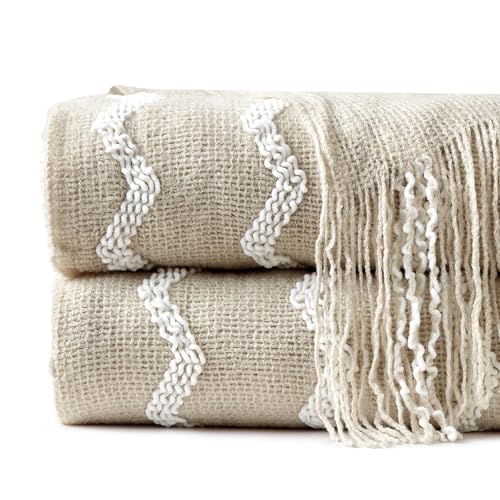 BOURINA Fluffy Chenille Knitted Fringe Throw Blanket Lightweight Soft Cozy for Bed Sofa Chair Throw Blankets, Beige 50" x 60" - color: A-beige, size: 50"×60"