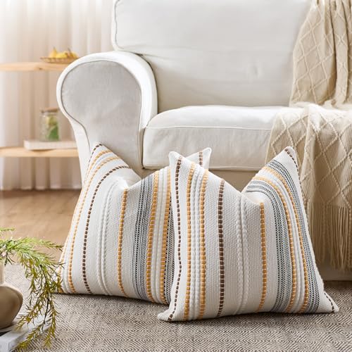 Boho Pillow Covers 18x18 Inch Orange Blue White Striped Farmhouse Decorative Accen Throw Pillow Covers Boho Cushion Case for Bed Sofa Couch Home Decor Set of 2 - color: Orange Blue White