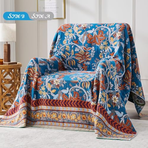 Boho Blanket Soft Muslin BohoThrow Blanket, 100% Cotton Floral Printed Farmhouse Decor All Season Reversible Rustic Throw for Sofa Couch Chair (White, 50"x60") - color: White, size: 50"x60"