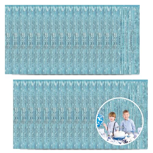 30 Pack Light Blue Foil Fringe Curtain Backdrop, 3.3x8.2 Feet Metallic Tinsel Streamer Curtains Photo Booth Props for Baby Shower/Bachelorette/Graduation/Birthday/Ocean Theme Party Decorations - color: Light Blue