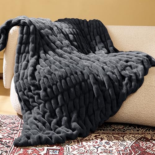 Faux Rabbit Fur Throw Blanket, Soft Plush Cozy Blanket for Couch Bed, Thick Fluffy Ruched Decorative Blanket,Giftable,60"x80",Charcoal Grey - color: Charcoal Grey, size: Twin(60"x80")
