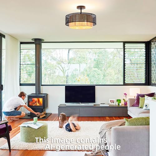 15.7-inch semi-recessed Ceiling Light with a Double-Drum Bohemian Rattan Woven Pendant, Suitable for bedrooms, Living Rooms, Dining Rooms, porches, and Kitchens. - color: 15.7'' Rattan&Hemp rope Black