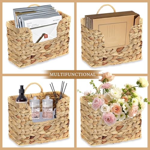 Hanging Magazine Basket, Woven Wall Magazine Holder Organizer with Handle for Mail, Files, Books - Water Hyacinth Farmhouse Storage Rack for Bathroom, Kitchen, Office