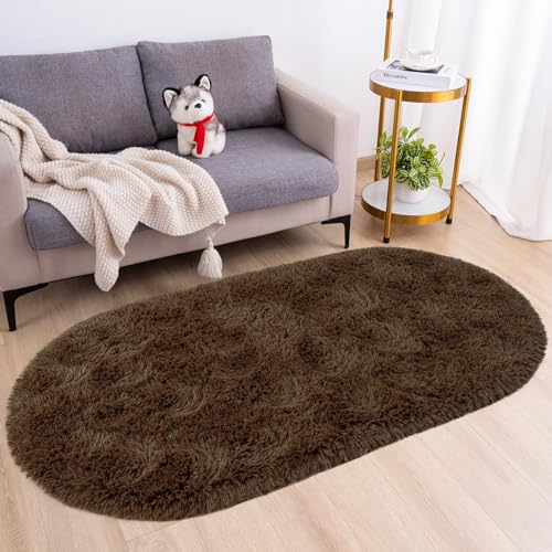 Goideal Fluffy Bedroom Rug, Small Oval Area Rugs, Brown Shag Bedside Carpet for Kids Room Nursery Dorm Cute Fuzzy Indoor Decor for Boy and Girl, 2.6 x 5.3 Feet - color: Brown