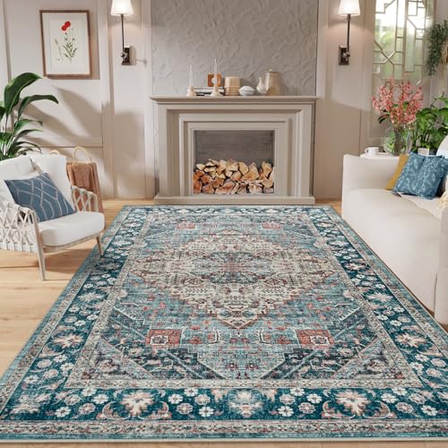 Amearea Vintage Design Blue Area Rugs for Living Room, 4x6 Machine Washable Floral Collection Traditional Bedroom Rug, Low Pile Dinning Room Carpet, No Slip Office Kitchen Home Decor, Light Blue - color: Light Blue, size: 4' X 6' (Rectangular)