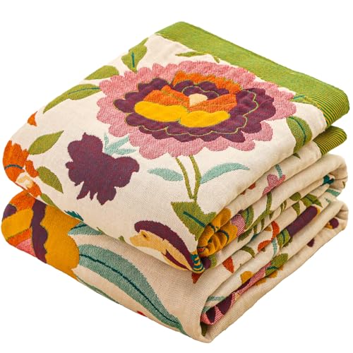 Boho Throw Blanket for Bed Couch Sofa,100% Cotton Ultra Soft Large Throw Blanket,Floral Bird Decor Bed Blankets 60"×80",Decorative Reversible Muslin Bed Cover for All Seasons - color: Boho Flower-c, size: 60''x80''