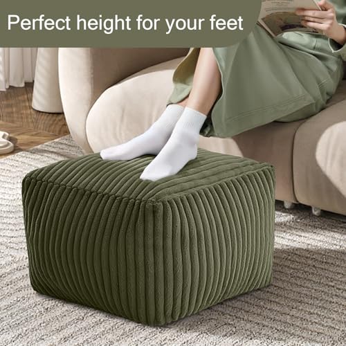 MeMoreCool Square Stuffed Pouf Ottoman Foot Rest, Stripe Furry Floor Pouf Foot Stool with Foam Chunk Filling, Soft Fluffy Stuffed Ottoman Footrest for Living Room, Faux Fur Green - color: Ribbed Green