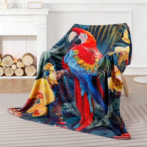 Parrot Bird Throw Blanket Gifts for Women Tropical Floral Plant Blankets Animal Macaw Print Bed Blanket Soft Cozy Flannel Fleece Throw Blanket for Couch Bed 50” x 60” - color: Parrot, size: 50" X 60"