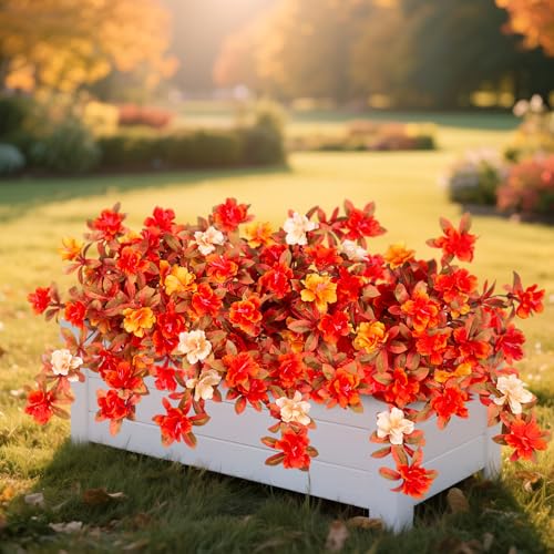 Fall Flowers Artificial for Decoration, Fake Silk Rhododendron Flowers for Outdoors, 2 Bundles Faux Azalea Outside UV Resistant No Fade Floral for Home Garden Balcony Walkway Wedding Party Decor - color: Y-orange Yellow White