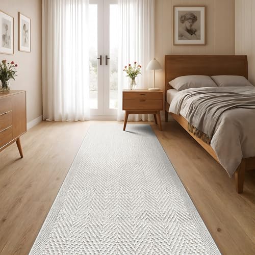 CAMILSON Indoor and Outdoor Runner Rug Off-White Herringbone Seagrass Boho Design Easy-Cleaning Non Shedding Fiber Living Room Bedroom Garden Patio and Kitchen Washable Outside Carpet Alfombras (2x7) - color: Herringbone/Bone, size: 2' x 7' (Rectangular)