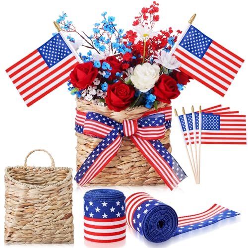 Patriotic Woven Hanging Basket Decor 4th of July Front Door Basket with American Stick Flag Star Stripe Ribbon Hanging Flower Arrangement for Independence Day Farmhouse Garden(Flower Not Included)