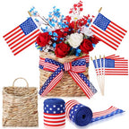 Patriotic Woven Hanging Basket Decor 4th of July Front Door Basket with American Stick Flag Star Stripe Ribbon Hanging Flower Arrangement for Independence Day Farmhouse Garden(Flower Not Included)
