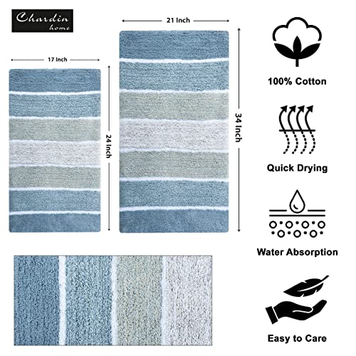 Chardin home Cordural Stripes Bath Mat, Set of 2 Bath Rugs (17 Inches x24 Inches & 21 Inches x34 Inches) | Non Slip Bathroom Rug, Machine Washable, Plush, Highly Absorbent | Ombre Blues & White - color: Blues