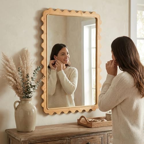 Wavy Solid Wood Wall Mirror, 24x35 Inch Bathroom Mirror, Large Scalloped Rectangle Mirror for Wall Decor, Boho Decorative Wall Mirror for Bedroom, Living Room, Entryway