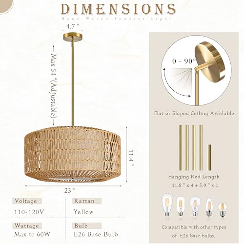 23 inch Natural 5 Light Rattan Light Fixture Woven Pendant Lights Rattan Farmhouse Chandeliers Fabric Shade Boho Chandelier for Dinning Room Kitchen - color: 23"-Natural-Prism