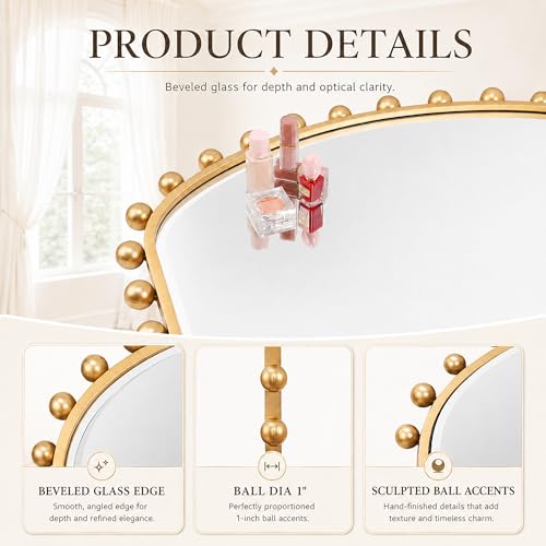 36"x28" Wide Arched Wall Mirror, Antique Gold Ball Frame with Beveled Glass, Large Horizontal Mantel Piece Over Fireplace or Above Sofa, Statement Metal Frame for Living Room - size: 28"L x 36"W