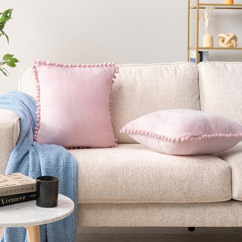 PAVILIA Light Pink Throw Pillow Covers with Pom Pom 18x18 Set of 2, Decorative Pillow Cases for Bedroom Aesthetic, Small Throw Pillows Set for Bed, Velvet Euro Plush Cushion Covers for Sofa Couch - color: Light Pink, size: 18" x 18" (Pack of 2)