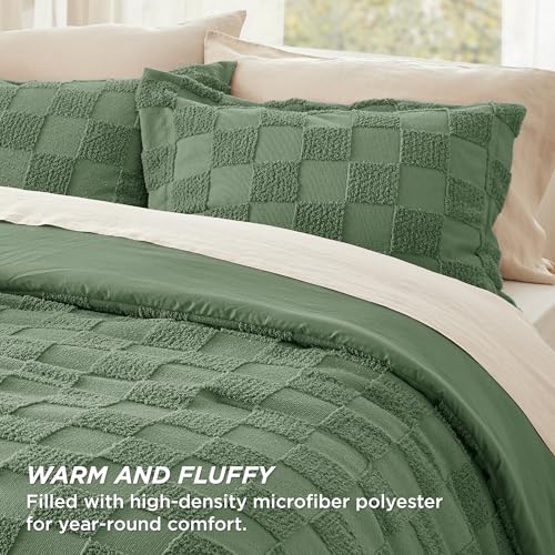 Bedsure Green Queen Size Comforter Set, Boho Tufted Bed Set, Checkered Farmhouse-Style Distressed Vintage Bedding, 3 Pieces, 1 Plaid Geometric Comforter and 2 Pillow Shams - color: 02 - Green - Tufted Checkboard, size: Queen