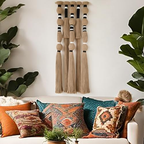 Flber Macrame Wall Hanging Khaki Black Geometric Yarn Wall Art Cotton Tassel Textile Wall Decor for Bedroom Living Room 15.7" W x 39" L - color: Khaki Black