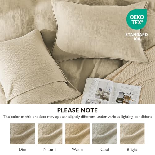 EMME Muslin Cotton Duvet Cover Set Twin Size Linen Like Soft Breathable Lightweight Summer Comforter Cover Set with Zipper Closure (Twin, 68"x90") - color: 02 - Beige, size: Twin(68"×90")