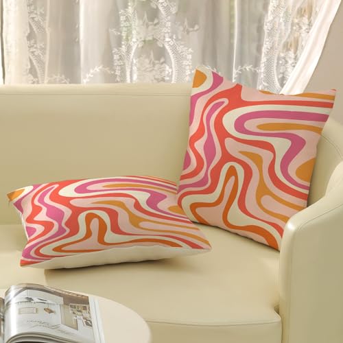Boho Pillow Covers 18x18 Pack of 2 Retro Orange Pink Yellow Throw Pillow Covers Colorful Decorative Pillowcase Modern Abstract Aesthetic Linen Cushion Case for Sofa Couch Outdoor Decor - color: Abstract Colorful Stripe, size: 18" x 18" (Pack of 2)