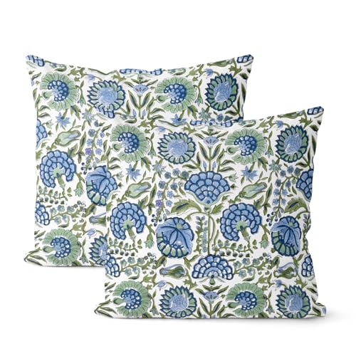 Boho Navy Blue Pillow Covers 16x16 Inch 2 Pcs Sage Green Vintage Floral Decor Throw Pillows Spring Flower Summer Outdoor Farmhouse Decoration Pillowcase Cushion Cover for Couch Sofa Bed - color: Boho Navy Blue Green Floral, size: 16" x 16" (Pack of 2)