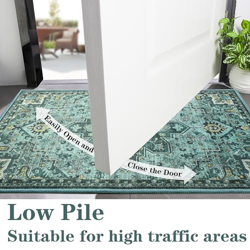 Foxmas Small Rugs for Entryway，2x3 Machine Washable Doormat Indoor Entrance Vintage Rug, Non-Slip Low Pile Throw Rugs for Entryway Bedroom Kitchen Living Room, Teal - color: Teal/Multi, size: 2' X 3' (Rectangular)