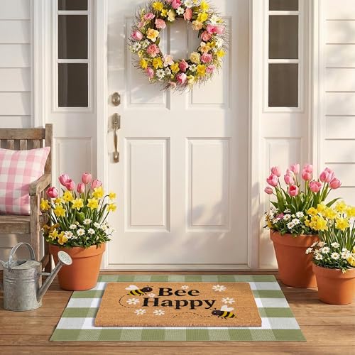 Bee Happy Layered Doormat Set, Spring Door Mat with Printed Coir Welcome Mat and Plaid Layering Rug, Farmhouse Front Door Entryway Decorative Porch Mat (Green, 2'4" x 3'7") - color: Green, size: 3'7" x 2'4" (Rectangular)