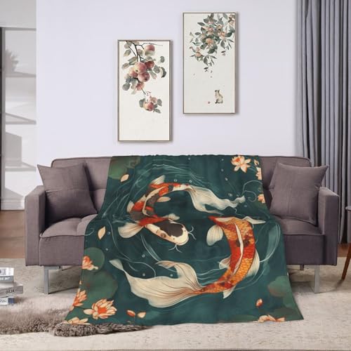 Cute Koi Fish Blanket Gifts for Women Kids, Lotus Flannel Blankets, Warm Cozy Soft Throw for Bedroom, Camping, Couch, Decor 50x60 in - color: Fish, size: 50"x60"