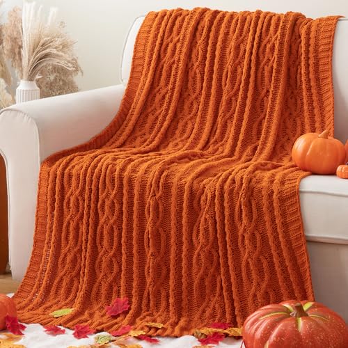 Battilo Burnt Orange Throw Blanket for Couch, 51" x 67", Soft Warm Cozy Chenille Knit Blanket Boho Halloween Blanket Fall Decor, Fall Throw Blanket for Bed, Sofa, Living Room - color: Orange
