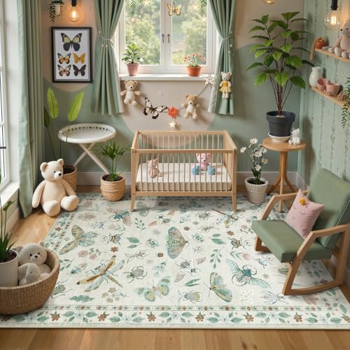 Beeiva Insect Print Washable Rugs 5x7 for Bedroom - Boho Living Room Rugs for Playroom Nursery, Soft Ultra-Thin Stain Resistant Large Accent Carpet for Office Dining Room Vintage Decor(5'x7',Beige) - color: Beige, size: 5' x 7' (Rectangular)