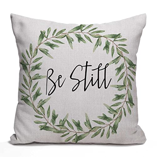 Nphuriy Rustic Be Still Green Olive Wreath Vintage Farmhouse Décor Spring Summer Sign Decoration Cotton Linen Home Decorative Throw Pillow Case Cushion Cover with Words for Sofa Couch, 16 x 16 in - color: Multi 30