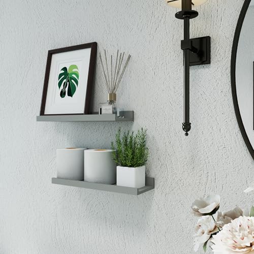 Floating Shelves for Wall Decor, Wall Mounted Wood Storage Shelf for Bedroom, Living Room, Bathroom, Kitchen, Nursery, Display Picture Ledge Shelf with Lip Set of 2-14 Inches, Grey - color: Grey, size: 13.6in