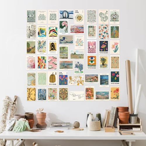KBKBART Eclectic Wall Decor, 50Pcs Eclectic Wall Art Prints, Colorful Maximalist Decor Boho Gallery Wall Collage Kit, Vintage Famous Artists Painting Pictures Aesthetic Poster for Funky Room Decor, Home Decor for Bedroom Dorm - color: Eclectic, size: 4x6