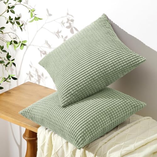 Softalker Throw Pillow Covers 18x18 Inch, Set of 2, Soft Corduroy Boho Stripe Decorative Pillow Cover, Couch Fluffy Pillow Cover for Farmhouse Home Decor Bed Living Room, Sage Green - color: Yml Sage Green, size: 18" x 18" (Pack of 2)