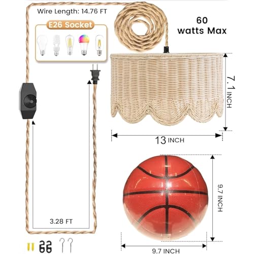 13" Plug in Scalloped Pendant Light, Rattan Hanging Lights with Plug in Cord 15FT Hemp Rope Cord, Dimmable Switch – Indoor Hanging Lamps for Boho Living Room Bedroom (Bulb Included)