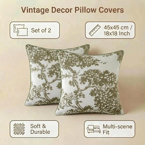 Floral 18x18 Throw Pillow Covers Set of 2, French Vintage Woven Jacquard Decorative Accent Pillow Cases for Couch, 430GSM Thick Chenille & Luxury Velvet, Olive Green - color: Tree Pattern Olive Green, size: 18" x 18" (Pack of 2)