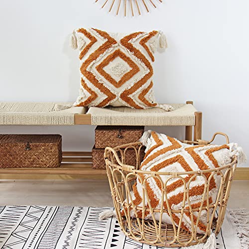 JOJUSIS Boho Throw Pillow Covers with Handmade Tassels Decorative Woven Tufted Orange Pillowcase for Couch Bedroom 18 x 18 Inch Orange B - color: Orange B, size: 18" x 18" (Pack of 1)