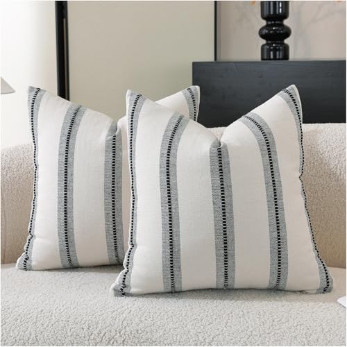 Cethom Boho Throw Pillow Covers 22x22 Set of 2, Beige and Black Striped Decorative Pillow Cases for Couch Chair Bed, Textured Farmhouse Accent Cushion Covers for Living Room Bedroom Sofa Home Decor - color: Black, size: 22" x 22" (Pack of 2)