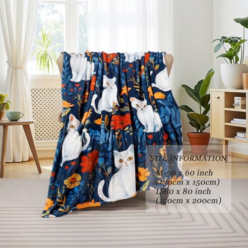 Cute Cat Throw Blanket Colorful Floral Wildflower Bed Blanket Flower Cat Print Blankets for Cat Lovers Super Soft Flannel Fleece Throw Blanket for Bed Couch 50” x 60” - color: Cat Flower, size: 50" X 60"