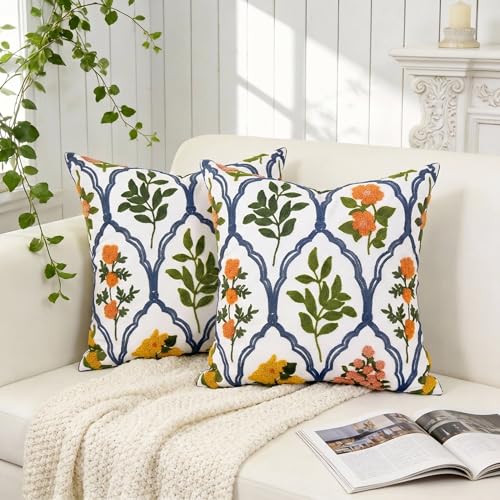 Alysheer Spring Summer Floral Embroidered Decorative Throw Pillow Cover 18"x 18" Set of 2, Orange Flowers Embroidery Patterned Multicolor Cushion Case for Sofa Couch Living Room Bedroom Outdoor - color: - Orange Mustard, size: 18" x 18" (Pack of 2)
