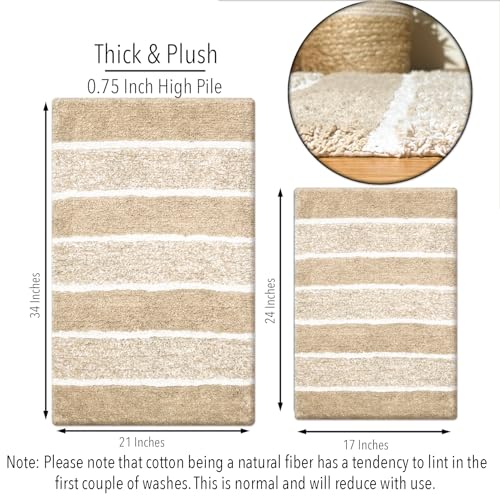 Chardin home Cordural Stripes Bath Mat, Set of 2 Bath Rugs (17x24 Inches & 21x34 Inches) | Non Slip Bathroom Rug, Machine Washable, Plush, Highly Absorbent | Beige-White - color: Beige-white