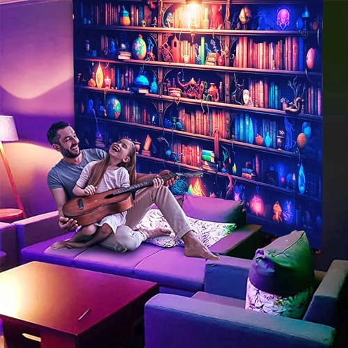 Algasan Blacklight Bookshelf Tapestry Fantasy Magic Book Wall Tapestry UV Reactive Witchy Gothic Tapestries Wall Hanging Aesthetic Poster for Bedroom Living Room Dorm 60 x 80 Inch