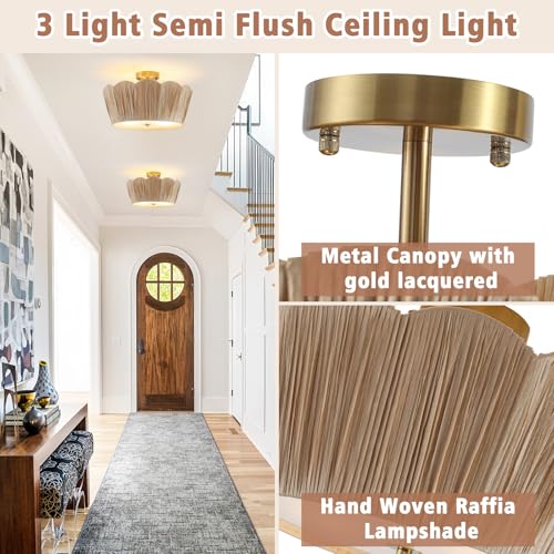 18” Boho Ceiling Light 3-Light Semi Flush Mount Ceiling Light Fixture with Woven Raffia Shade, Boho Light Fixture for Bedroom Kitchen Hallway Entryway - color: Brown