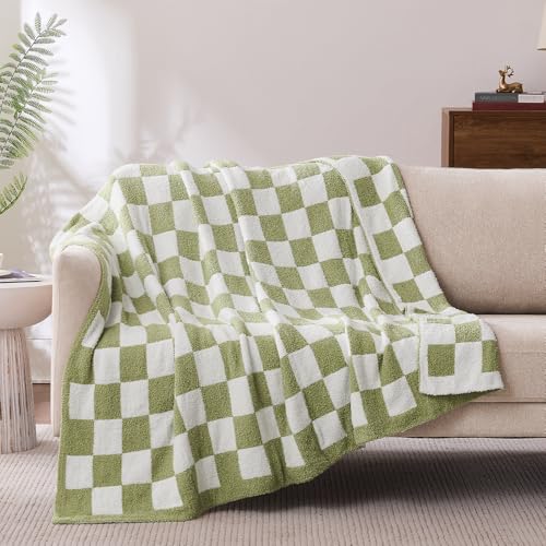 Checkered Throw Blanket, Sage Green Soft Cozy Fluffy Knitted Throw Blankets for Couch, Sofa, Bed, Chair, Warm Fuzzy Travel Picnic Lightweight Plaid Blanket, 50x70 inches - color: Sage Green, size: 50×70 Inch